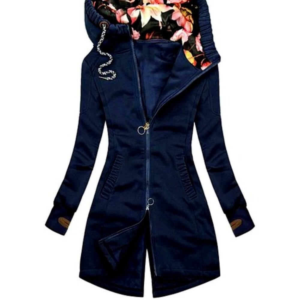 NWT CELLABIE FRANCE Long Black Fleece Zip Tunic Hoodie Jacket Pink Floral Hood L